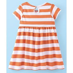 Babyhug Cotton Knit Half Sleeves Frock With Floral & Striped Print Pack Of 2 - Orange & Navy Blue