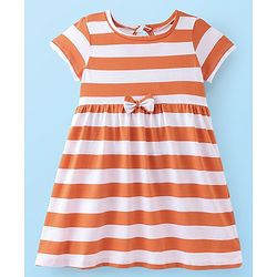 Babyhug Cotton Knit Half Sleeves Frock With Floral & Striped Print Pack Of 2 - Orange & Navy Blue