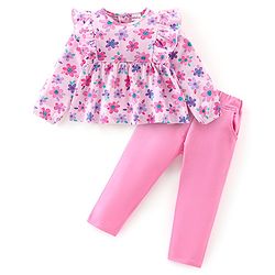 Babyhug 100% Cotton Knit Full Sleeves Top & Legging With Floral Print - Pink