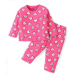 Babyhug Cotton Knit Single Jersey Full Sleeves Night Suit With Heart Print - Pink