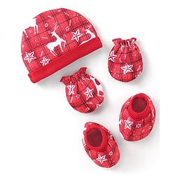 Babyhug 100% Cotton Knit Deer Printed Cap Mittens & Booties - Red