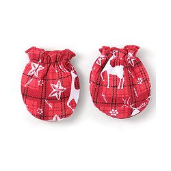 Babyhug 100% Cotton Knit Deer Printed Cap Mittens & Booties - Red