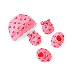 Babyhug 100% Cotton Interlock Knit Cap Mittens And Booties Heart Print - Pink