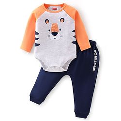 Babyhug Cotton Knit Full Sleeves Onesies Tiger Print With Leggings - Navy Blue