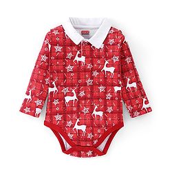 Babyhug 100% Cotton Interlock Knit Full Sleeves Onesies Deer Print - Red