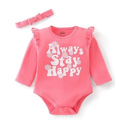 Babyhug 100% Cotton Full Sleeves Onesie with Head Band Text Print - Pink