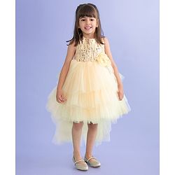 Babyhug Sleeveless Party Frock With Floral Corsage & Sequine Detailing - Yellow