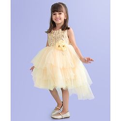 Babyhug Sleeveless Party Frock With Floral Corsage & Sequine Detailing - Yellow