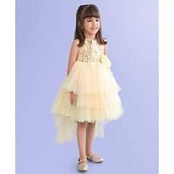 Babyhug Sleeveless Party Frock With Floral Corsage & Sequine Detailing - Yellow