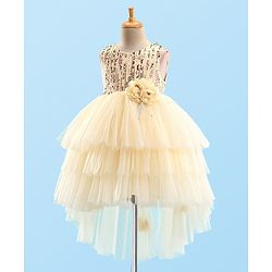 Babyhug Sleeveless Party Frock With Floral Corsage & Sequine Detailing - Yellow