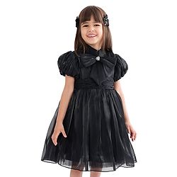 Babyhug Half Sleeves Organza Party Frock with Bow Applique- Black