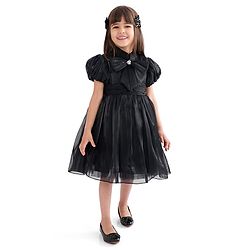 Babyhug Half Sleeves Organza Party Frock with Bow Applique- Black