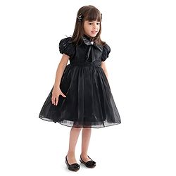 Babyhug Half Sleeves Organza Party Frock with Bow Applique- Black