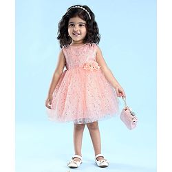 Babyhug Sleeveless Party Frock with Foil Print & Sequin Detailing with Floral Applique - Peach
