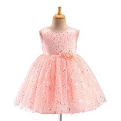 Babyhug Sleeveless Party Frock with Foil Print & Sequin Detailing with Floral Applique - Peach