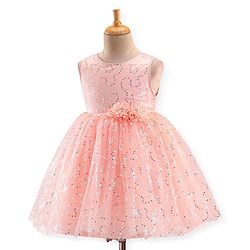 Babyhug Sleeveless Party Frock with Foil Print & Sequin Detailing with Floral Applique - Peach