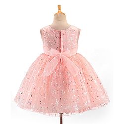Babyhug Sleeveless Party Frock with Foil Print & Sequin Detailing with Floral Applique - Peach