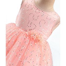 Babyhug Sleeveless Party Frock with Foil Print & Sequin Detailing with Floral Applique - Peach