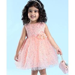 Babyhug Sleeveless Party Frock with Foil Print & Sequin Detailing with Floral Applique - Peach