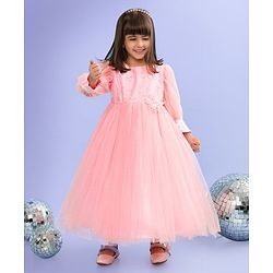 Babyhug Full Sleeves  Sequinned Party Frock with Floral Corsage - Peach