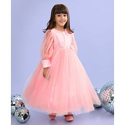 Babyhug Full Sleeves  Sequinned Party Frock with Floral Corsage - Peach