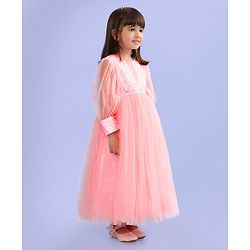 Babyhug Full Sleeves  Sequinned Party Frock with Floral Corsage - Peach