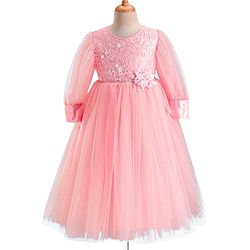 Babyhug Full Sleeves  Sequinned Party Frock with Floral Corsage - Peach