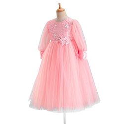 Babyhug Full Sleeves  Sequinned Party Frock with Floral Corsage - Peach