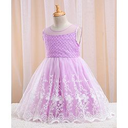 Babyhug Sleeveless Textured & Floral Embroidered Party Frock - Lavender