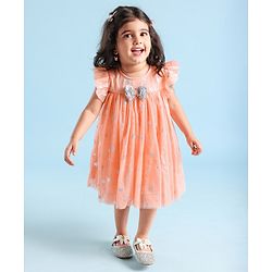 Babyhug Sleeveless Party Frock Foil Star Print & Sequine Detailing - Coral