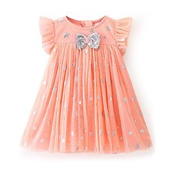 Babyhug Sleeveless Party Frock Foil Star Print & Sequine Detailing - Coral