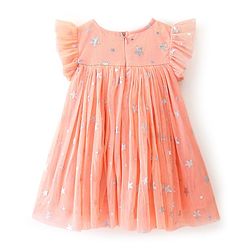Babyhug Sleeveless Party Frock Foil Star Print & Sequine Detailing - Coral