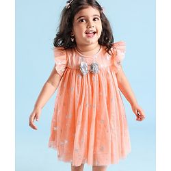 Babyhug Sleeveless Party Frock Foil Star Print & Sequine Detailing - Coral