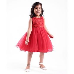 Babyhug Sleeveless Mesh Frock with Sequin Detailing - Red