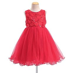 Babyhug Sleeveless Mesh Frock with Sequin Detailing - Red