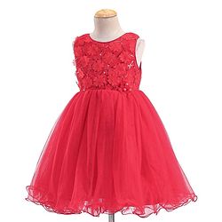 Babyhug Sleeveless Mesh Frock with Sequin Detailing - Red