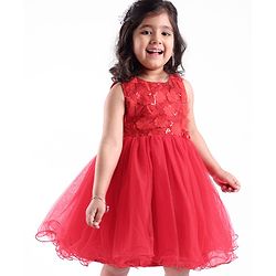 Babyhug Sleeveless Mesh Frock with Sequin Detailing - Red