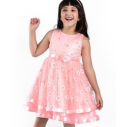 Babyhug Sleeveless Sequinned Party Frock with Floral Corsage - Peach