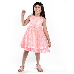 Babyhug Sleeveless Sequinned Party Frock with Floral Corsage - Peach