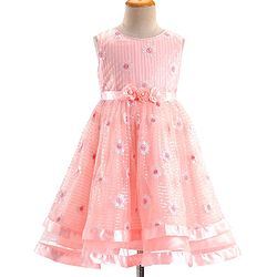 Babyhug Sleeveless Sequinned Party Frock with Floral Corsage - Peach