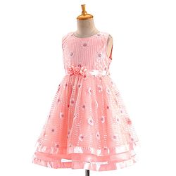 Babyhug Sleeveless Sequinned Party Frock with Floral Corsage - Peach