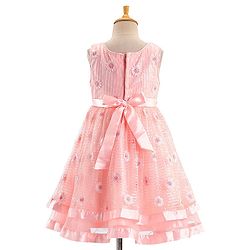 Babyhug Sleeveless Sequinned Party Frock with Floral Corsage - Peach