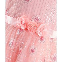 Babyhug Sleeveless Sequinned Party Frock with Floral Corsage - Peach