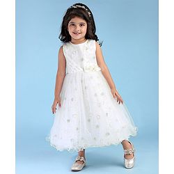 Babyhug Woven Sleeveless Party Frock Sequinned With Floral Applique - White