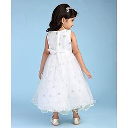 Babyhug Woven Sleeveless Party Frock Sequinned With Floral Applique - White