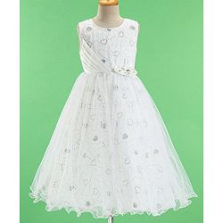 Babyhug Woven Sleeveless Party Frock Sequinned With Floral Applique - White