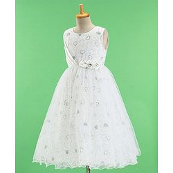 Babyhug Woven Sleeveless Party Frock Sequinned With Floral Applique - White