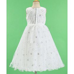 Babyhug Woven Sleeveless Party Frock Sequinned With Floral Applique - White