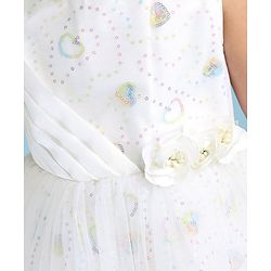 Babyhug Woven Sleeveless Party Frock Sequinned With Floral Applique - White