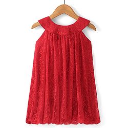 Babyhug Woven Sleeveless Party Frock with Lace Detailing - Red